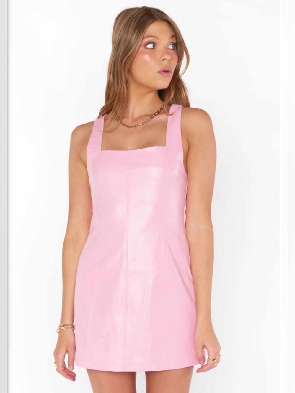 Show me your Mumu pink Barbiecore vegan leather Y2K 90s mini dress NWT MD - Picture 2 of 10